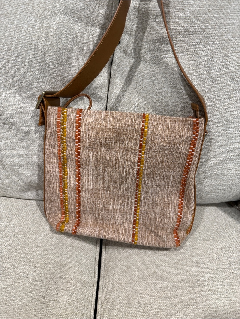 HOBO Woven Straw-Style Crossbody Bag in Tan with Orange & Yellow Accents